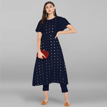 Women's Blue Poly Crepe Kurta With Pant 1