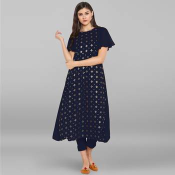 Women's Blue Poly Crepe Kurta With Pant 2