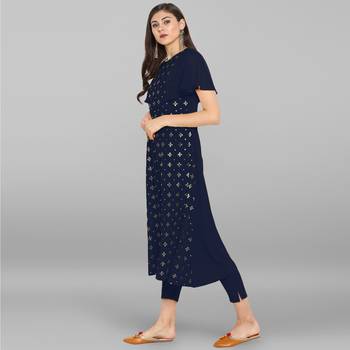 Women's Blue Poly Crepe Kurta With Pant 3