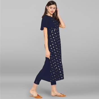 Women's Blue Poly Crepe Kurta With Pant 4