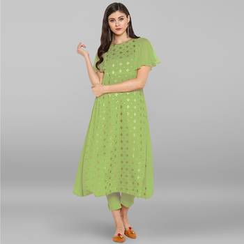 Women's Light Green Poly Crepe Kurta With Pant 2