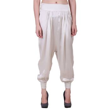 Women Poly Satin White Solid Harem Pants 1
