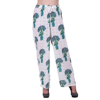 Women Cotton White And Green Printed Palazzo Pants 1