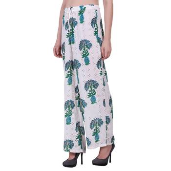 Women Cotton White And Green Printed Palazzo Pants 2