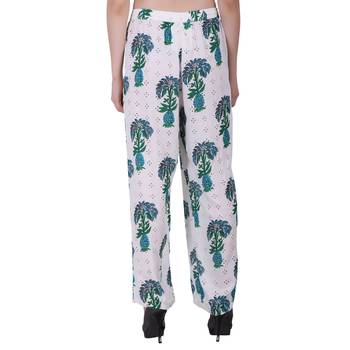 Women Cotton White And Green Printed Palazzo Pants 4
