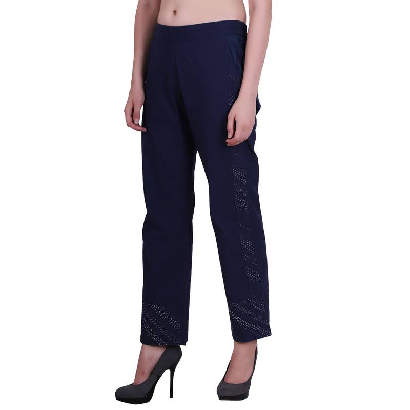 Women Cotton Blue Trouser  Pants With Kantha Embroidery