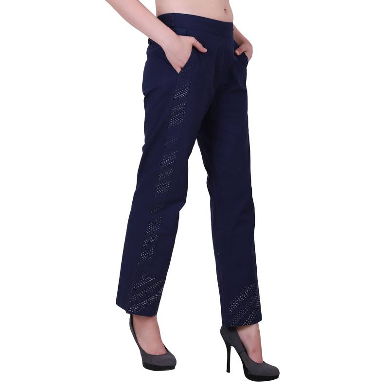 Women Cotton Blue Trouser  Pants With Kantha Embroidery