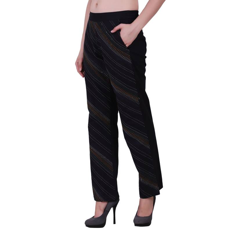 Women Cotton Black Flared Bottom Trouser  Pants With Kantha Embroidery