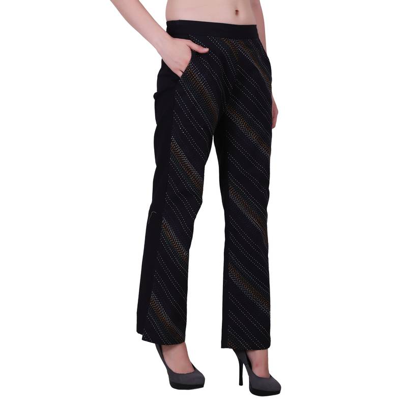 Women Cotton Black Flared Bottom Trouser  Pants With Kantha Embroidery