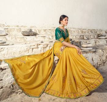 Mustard Embroidered Silk Blend Saree With Blouse 2