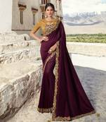 Wine Embroidered Silk Blend Saree With Blouse