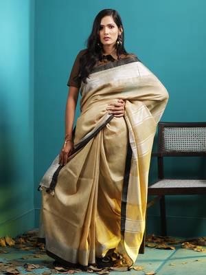 Biscotti Yellow Linen Saree With Zari Border 1