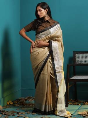 Biscotti Yellow Linen Saree With Zari Border 2