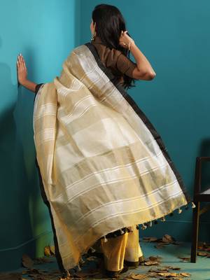 Biscotti Yellow Linen Saree With Zari Border 3
