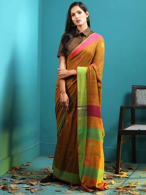 Dark Yellow Pure Cotton Saree With Woven Buttas & Dual Borders 1