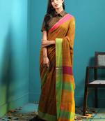 Dark Yellow Pure Cotton Saree With Woven Buttas & Dual Borders
