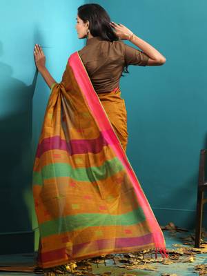Dark Yellow Pure Cotton Saree With Woven Buttas & Dual Borders 3