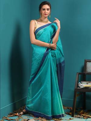 Light Blue Blended Cotton Saree With Sequins 1