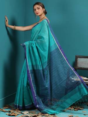 Light Blue Blended Cotton Saree With Sequins 2