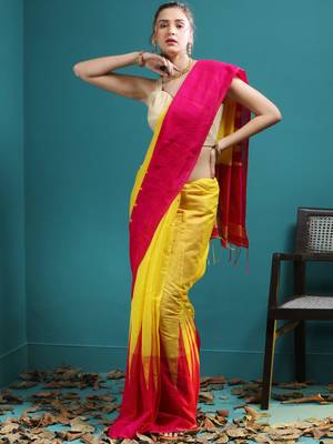 Yellow Blended Cotton Saree With Magenta Broad Temple Border 1