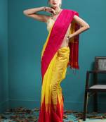 Yellow Blended Cotton Saree With Magenta Broad Temple Border