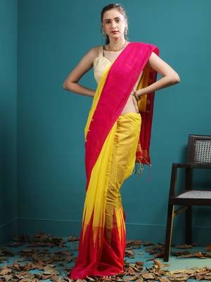 Yellow Blended Cotton Saree With Magenta Broad Temple Border 2