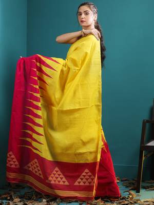 Yellow Blended Cotton Saree With Magenta Broad Temple Border 3