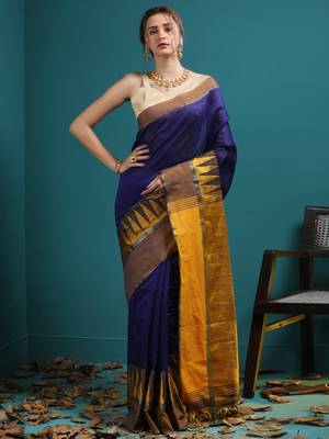 Blue Blended Cotton Saree With Broad Yellow Temple Border 1