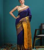 Blue Blended Cotton Saree With Broad Yellow Temple Border
