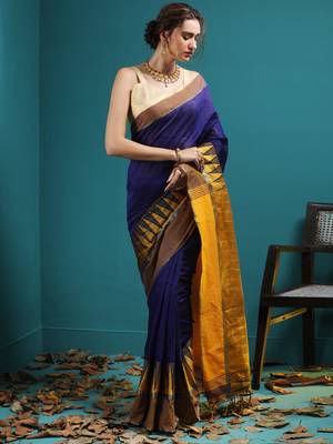 Blue Blended Cotton Saree With Broad Yellow Temple Border 2