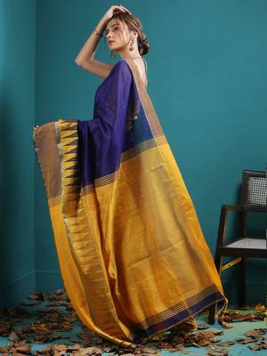Blue Blended Cotton Saree With Broad Yellow Temple Border 3