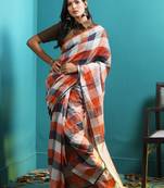 Checkered Linen Saree With Red & Orange Hues