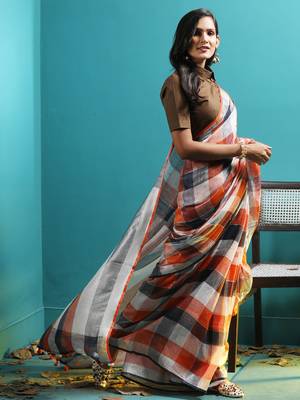 Checkered Linen Saree With Red & Orange Hues 2