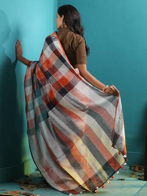 Checkered Linen Saree With Red & Orange Hues 3