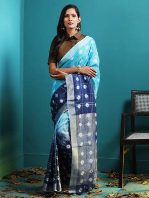 Tonal Blues Half & Half Linen Saree With Bandhni Designs 1