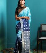 Tonal Blues Half & Half Linen Saree With Bandhni Designs