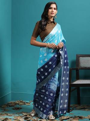 Tonal Blues Half & Half Linen Saree With Bandhni Designs 2