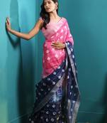 Blue & Pink Linen Saree With Bandhani Designs