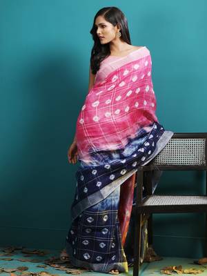Blue & Pink Linen Saree With Bandhani Designs 2