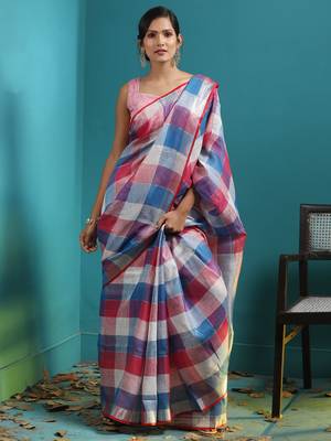 multicolor LINEN SAREE WITH CHECKERED DESIGNS 1