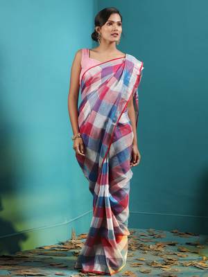 multicolor LINEN SAREE WITH CHECKERED DESIGNS 2