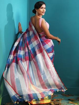 multicolor LINEN SAREE WITH CHECKERED DESIGNS 3