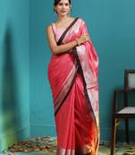 Pink Linen Saree With Zari Border & Striped Pallu