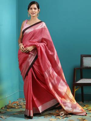 Pink Linen Saree With Zari Border & Striped Pallu 2