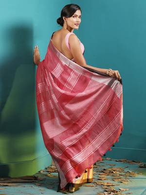 Pink Linen Saree With Zari Border & Striped Pallu 3