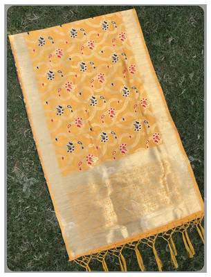 Yellow Jacqured Banarasi silk Stole 1