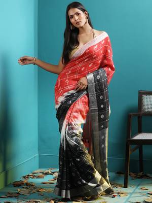 Red & Black Linen Saree With Bandhani Designs 1