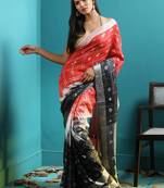 Red & Black Linen Saree With Bandhani Designs