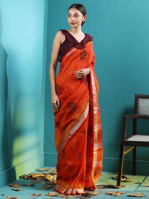 Orange Linen Saree With Handblock Prints 1