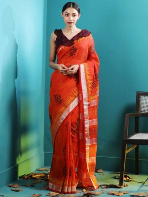 Orange Linen Saree With Handblock Prints 2